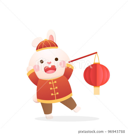 可愛兔角色或吉祥物與紅色燈籠,農曆春節或元宵節或冬至,亞洲的傳統節日與文化 96943788