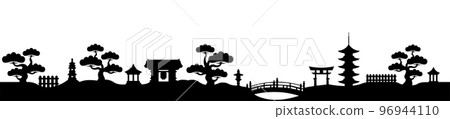 Japanese traditional landscape, building, garden silhouette Japanese style vector illustration 96944110