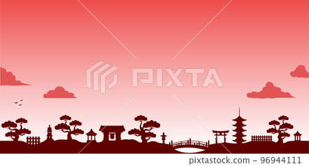 Background material / Japanese traditional landscape, building, garden silhouette Japanese style vector illustration 96944111