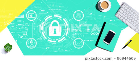 Internet network security concept with computer keyboard and office items 96944609