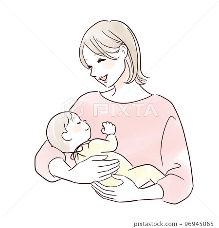 微笑的媽媽抱著熟睡的嬰兒 微笑的媽媽抱著熟睡的嬰兒 96945065