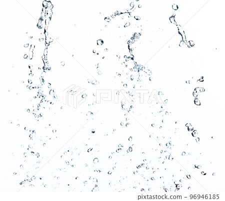 Shape form droplet of Water splashes into drop water line tube attack fluttering in air and stop motion freeze shot. Splash Water for texture graphic resource elements, White background isolated Shape form droplet of Water splashes into drop water line tube attack fluttering in air and stop motion freeze shot. Splash Water for texture graphic resource elements, White background isolated 96946185