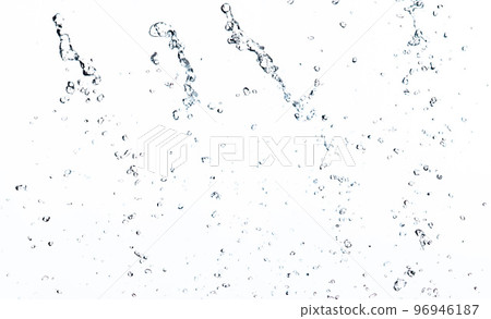 Shape form droplet of Water splashes into drop water line tube attack fluttering in air and stop motion freeze shot. Splash Water for texture graphic resource elements, White background isolated 96946187