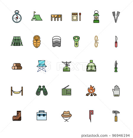 野營設備彩色插圖圖標集 野營設備彩色插圖圖標集 96946194
