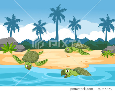 Cartoon sea turtles on the beach 96946869