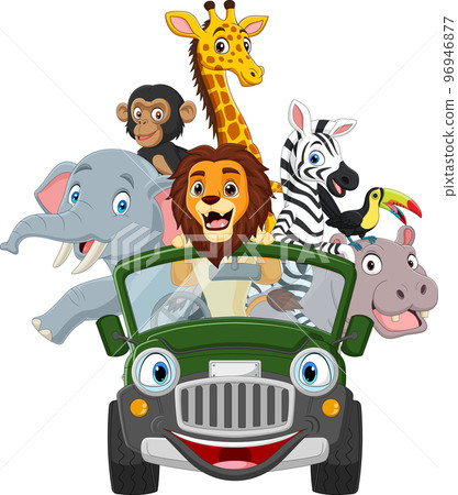 Cartoon wild animals riding a green car 96946877