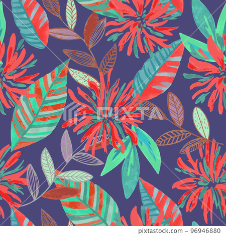 Colorful vivid psychedelic pattern with abstract tropical flowers for fabric, wrapping paper. Vector illustration Colorful vivid psychedelic pattern with abstract tropical flowers for fabric, wrapping paper. Vector illustration 96946880