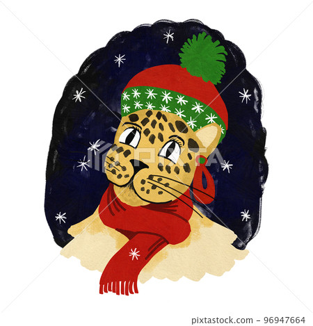 Hand drawn illustration of cute Christmas character leopard cheetah. African American cartoon for cards invitations poster, holiday season winter animal in scarf hat earrings, dark nigh sky with white Hand drawn illustration of cute Christmas character leopard cheetah. African American cartoon for cards invitations poster, holiday season winter animal in scarf hat earrings, dark nigh sky with white 96947664