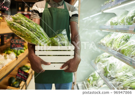 Cropped image of supermarket worker carrying box of fresh lettuce and greens Cropped image of supermarket worker carrying box of fresh lettuce and greens 96947866