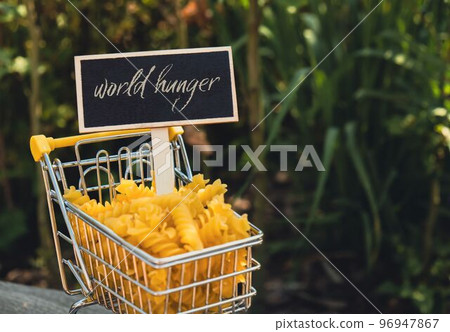 WORLD HUNGER text on Blackboard label Shopping trolley cart Filled With Pasta on agriculture background. Food and groceries shopping price increase, Rising food cost food crisis inflation WORLD HUNGER text on Blackboard label Shopping trolley cart Filled With Pasta on agriculture background. Food and groceries shopping price increase, Rising food cost food crisis inflation 96947867