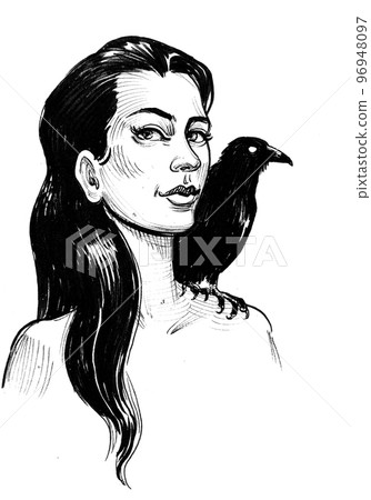 Beautiful woman with raven bird. Ink black and white drawing 96948097