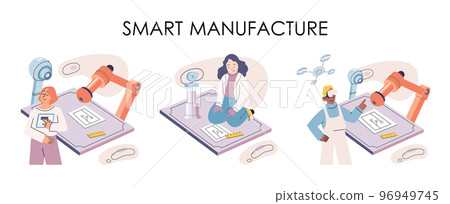 Manufacturing process at automated production industry. Scientist creates robot. Smart industry Manufacturing process at automated production industry. Scientist creates robot. Smart industry 96949745