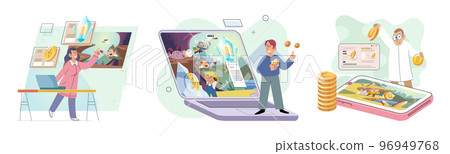 Happy man power from gaming with cryptocurrency, gameplay to earn, NFT, Metaverse, digital world Happy man power from gaming with cryptocurrency, gameplay to earn, NFT, Metaverse, digital world 96949768