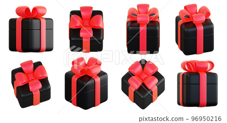 Realistic black gift box set with red ribbon bow. Concept of abstract holiday, birthday, Christmas or Black Friday present or surprise. 3d high quality isolated render 96950216