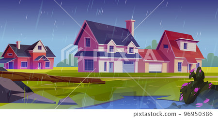 Rainy weather in countryside, cartoon vector 96950386