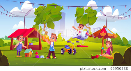 Children playing on playground with cityscape Children playing on playground with cityscape 96950388