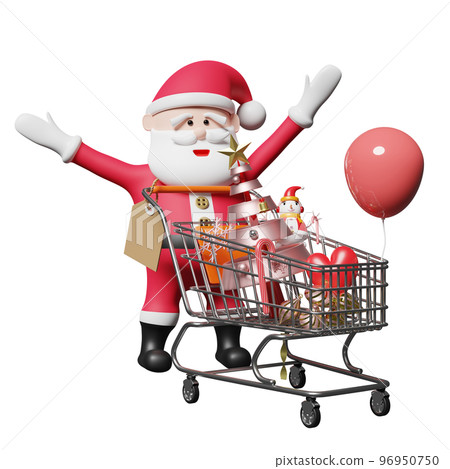 Santa claus with christmas tree, shopping cart, price tags, space isolated. website, poster or Happiness cards, festive New Year concept, 3d illustration or 3d render 96950750