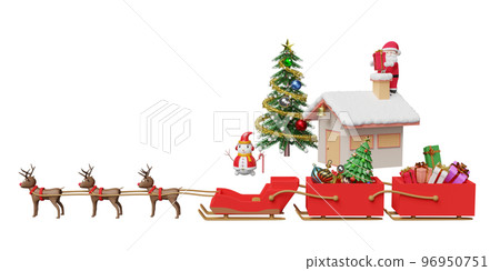 reindeer sleigh with santa claus, gift box, christmas tree isolated. website or poster or Happiness cards, banner and festive New Year, 3d illustration or 3d render 96950751