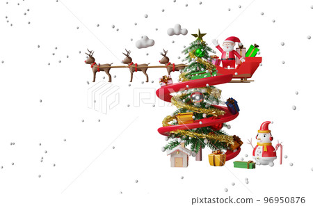 santa claus with reindeer sleigh, gift box, christmas tree, snowman isolated. website or poster or Happiness cards, banner and festive New Year, 3d illustration or 3d render 96950876