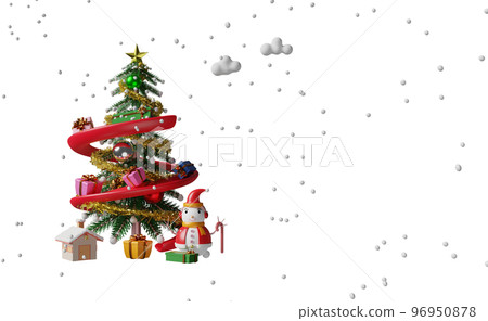snowman with slider, gift box, christmas tree isolated. website or poster or Happiness cards, banner and festive New Year, 3d illustration or 3d render 96950878