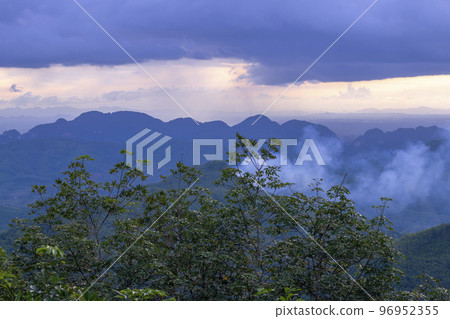 View of landscape nature and mist and mountain in morning light, View of landscape nature and mist and mountain in morning light, 96952355