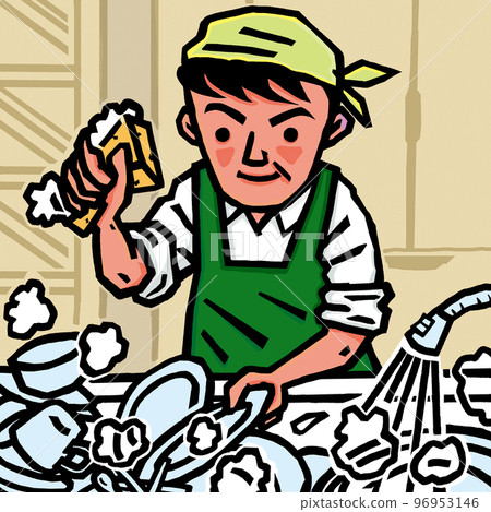 Dad washes the dishes alone in the kitchen 96953146