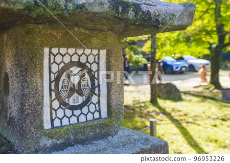 Temukaiyama Hachimangu Shrine Stone lantern with the god crest "Mukai pigeon" 96953226