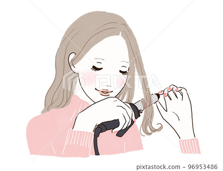 女人用抹子纏繞她的頭髮 女人用抹子纏繞她的頭髮 96953486