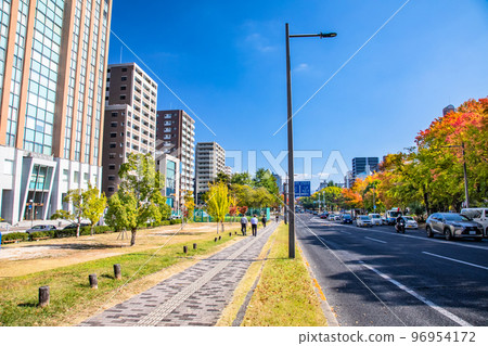 A view of the Peace Memorial Park to the east from Midori Ohashi East end. Please see the beautiful autumn leaves of Peace Boulevard. Hiroshima 96954172
