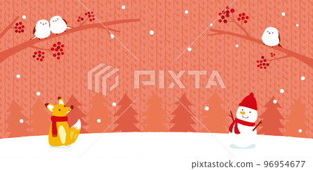 Winter forest and animals Knit background illustration 96954677