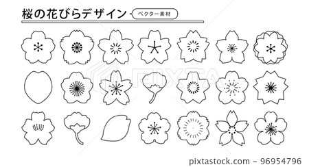 Cherry blossom petal design set line drawing monochrome vector material 96954796