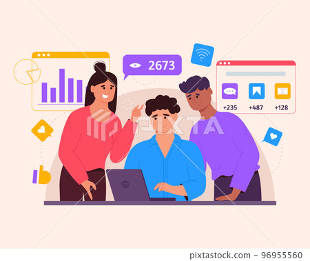 Social media marketing concept with man with laptop and his team and icons of SMM. Young people managing SMM strategy processes. Flat vector illustration. 96955560