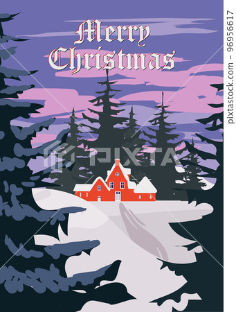 Vintage poster Winter village rural winter snow landscape, Merry Christmas retro greeting card Vintage poster Winter village rural winter snow landscape, Merry Christmas retro greeting card 96956617