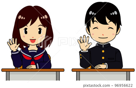 一名身穿水手服的女學生坐在課桌前微笑揮手，一名身穿制服的男學生 96956622