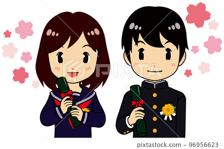 A female student in a sailor suit and a male student in a school run who are graduating 96956623