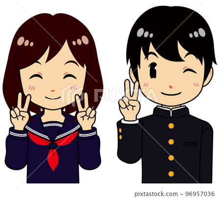 一名身穿水手服的女學生愉快地製作作品,一名男學生在學校跑步 一名身穿水手服的女學生愉快地製作作品,一名男學生在學校跑步 96957036