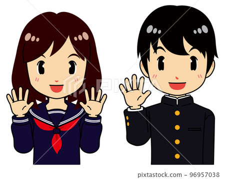一名身著水手服揮手的女學生和一名男學生在學校跑步 96957038