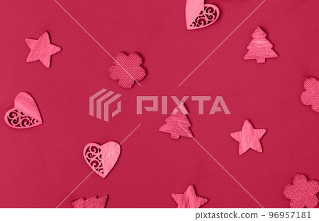 Wooden decorations on a red background. Christmas concept Wooden decorations on a red background. Christmas concept 96957181