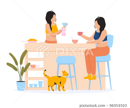 Women friends chatting at breakfast at home. Young female characters sitting at table in kitchen and drinking cup of coffee 96958503