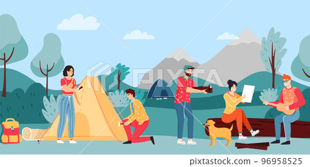 People camping. People setting up tent, man with dog pet carrying firewood for bonfire, male character playing guitar People camping. People setting up tent, man with dog pet carrying firewood for bonfire, male character playing guitar 96958525