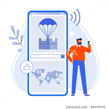 Man holding smartphone and tracking online order. Male character waiting for parcel using application to see map 96958544