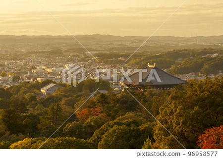 Todaiji Great Buddha Hall dyed in golden color (view from Mt. Wakakusa) Autumn leaves season 96958577