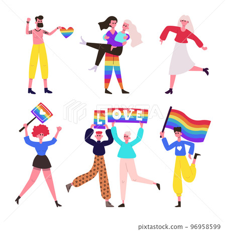 Lgbt pride parade. Female and male characters holding rainbow flag and posters. Gay and lesbian community activists 96958599