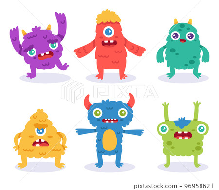 Cartoon monster characters. Colorful funny creatures in different positions. Spooky furry animals for halloween 96958621
