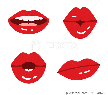 Cartoon lips. Glossy red seductive lipstick for ladies. Kissing, smiling with teeth, surprised and hesitating expressions Cartoon lips. Glossy red seductive lipstick for ladies. Kissing, smiling with teeth, surprised and hesitating expressions 96958622