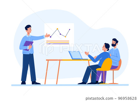 Business meeting presentation. Female and male office workers having brainstorming, discussion. Man presenter 96958628