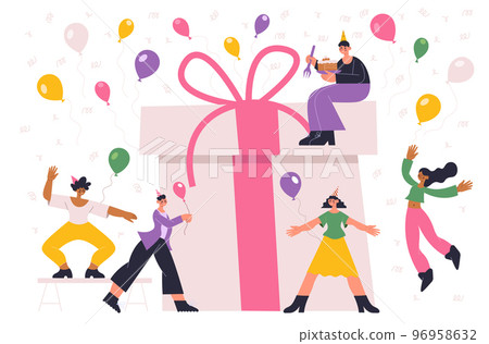 Birthday party holiday celebrating people. Happy boys and girls in festive hats with colorful balloons and giant gift box 96958632