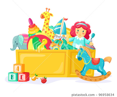 Baby toys in box. Colorful inventory for kids games and entertainment. Container full of objects for boys and girls 96958634