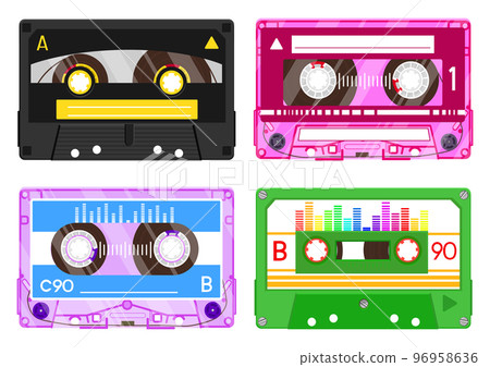 Audio record tapes, retro 90s music. Plastic colorful cassette with music mix. Old recording technology, 80s equipment 96958636