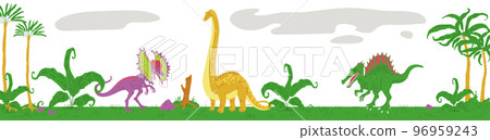 Cute Jurassic epoch landscape with various dinosaurs walking, flat vector illustration. Cute Jurassic epoch landscape with various dinosaurs walking, flat vector illustration. 96959243